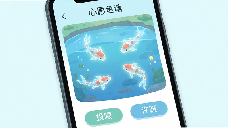 一张高清数字插画,主体为手机屏幕界面,显示“心愿鱼塘”APP的核心页面,布局为中央清澈的蓝色水池,几条发光的半透明锦鲤在游动,界面底部有简洁的“投喂”和“许愿”按钮,整体风格为清新治愈系二次元扁平化设计,色彩柔和,细节丰富,画质4k,干净无多余元素,文字显示“心愿鱼塘”