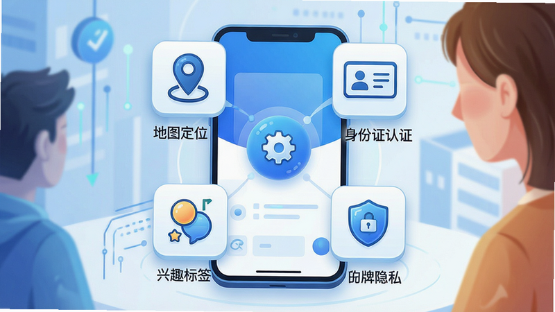 一张展示社交APP功能特性的概念图,主体为四个环绕手机屏幕的功能图标,分别代表