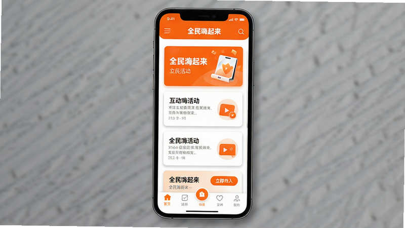 主体为手机屏幕显示的全民嗨起来应用界面,布局为竖屏全屏展示,顶部有导航栏,中间是动态的互动活动卡片列表,底部是功能标签栏,风格为现代扁平化设计,色彩以活力橙和纯白为主,细节处有柔和阴影增加层次感,画质高清,干净无多余元素,文字显示为“全民嗨起来”和“立即加入”