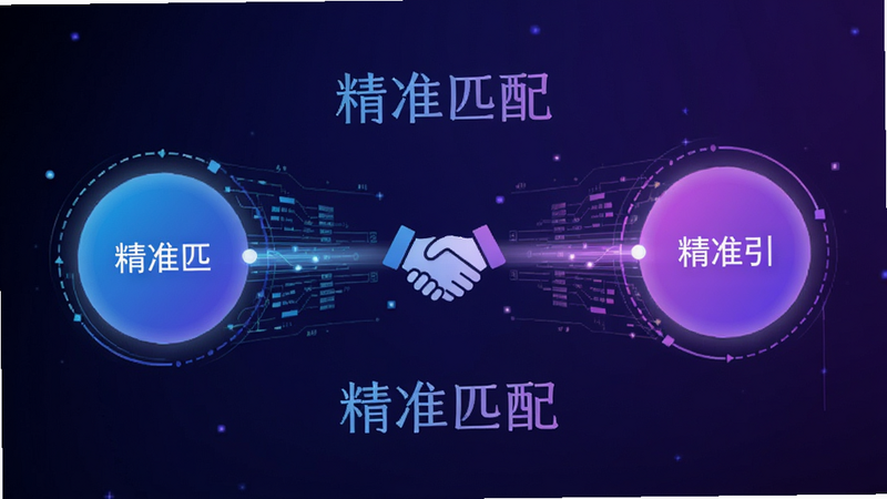 主体为一个智能匹配引擎示意图,由两个不同颜色的圆形节点通过光线连接,中间有握手图标,布局为左右对称结构,风格为科技感插画,色彩为蓝紫渐变,细节处有数据流线条,画质高清,干净无多余元素,文字显示为“精准匹配”