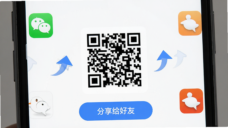 主体为手机分享界面,显示一个二维码,周围有微信和QQ图标,布局为中心突出二维码,风格为简约UI设计,色彩为白色背景配蓝色按钮,细节处有分享箭头动画,画质清晰,干净无多余元素,文字显示为“分享给好友”