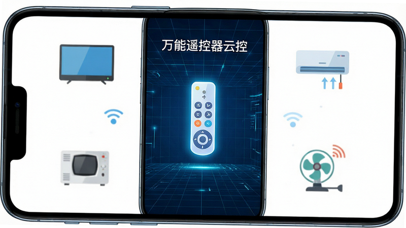 主体为一款现代化智能手机,屏幕显示“万能遥控器云控”APP界面,界面中心是一个发光的智能遥控器图标,周围环绕着电视、空调、风扇等家电的扁平化图标,背景为深蓝色科技感网格,布局对称,排版清晰,风格为极简科技风,细节丰富,画质4K,干净无多余元素,文字“万能遥控器云控”清晰可见