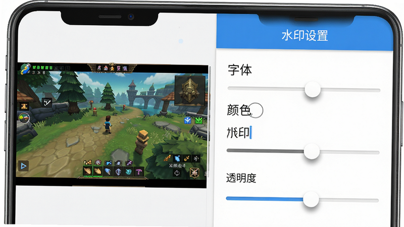 主体为一个手机界面截图,显示水印编辑面板,左侧是游戏画面预览,右侧是水印设置选项,包括字体、颜色、透明度滑块,上方有蓝色标题栏