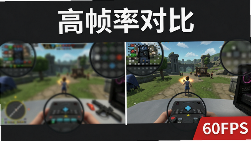 主体为分屏对比图,左侧显示模糊拖影的游戏画面,右侧显示清晰锐利的高帧率画面,中间有一条垂直分割线,背景为深灰色,上方有白色文字
