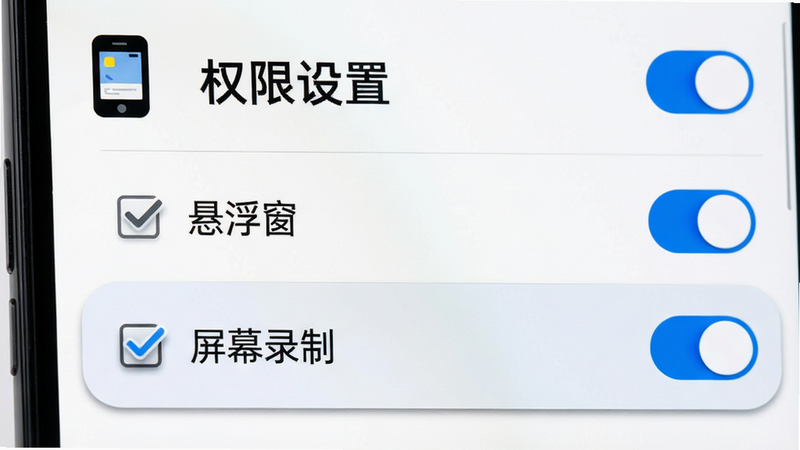 主体为一个手机设置界面,显示权限管理列表,其中