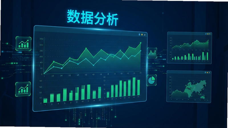 主体为一个悬浮的全息数据屏幕,屏幕上显示着绿色的折线图和柱状图,旁边漂浮着几个数据图标,背景为深蓝色科技空间,布局呈左侧主屏右侧小窗,排版科技感强,风格为未来主义UI设计,细节处有数据流特效,画质清晰,干净,无多余元素,文字“数据分析”位于屏幕顶部,字体亮蓝色