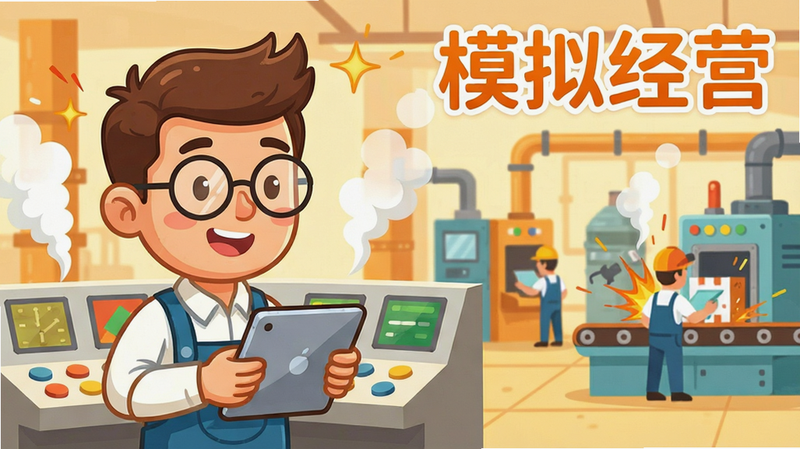 主体为一个卡通风格的工程师角色,戴着眼镜,手持平板电脑,站在工厂控制台前,背景是忙碌的工厂内部,布局为角色居左,工厂居右,排版生动,风格为温馨插画,细节处有蒸汽和火花特效,画质明亮,干净,无多余元素,文字“模拟经营”位于右上角,字体橙色