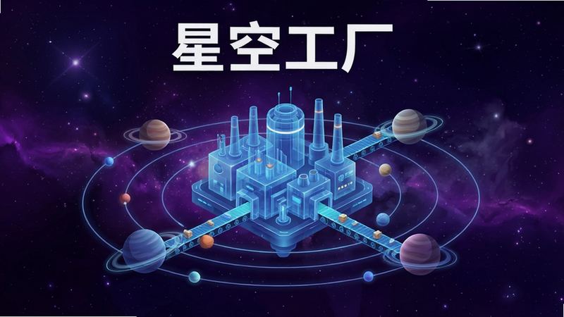 主体为深邃的紫色星空背景,中央悬浮着一座精致的半透明蓝色科技工厂建筑,周围环绕着旋转的行星轨道和发光的传送带,布局呈中心对称,排版整洁,风格为现代科幻插画,细节丰富,画质高清,干净,无多余元素,文字“星空工厂”位于顶部居中,字体白色加粗