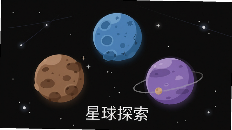 主体为三颗不同颜色的星球,分别为棕色、蓝色和紫色,每颗星球表面都有简单的地形纹理,背景为黑色宇宙空间,布局呈三角形排列,排版平衡,风格为扁平化插画,细节处有星光点缀,画质柔和,干净,无多余元素,文字“星球探索”位于底部中央,字体白色