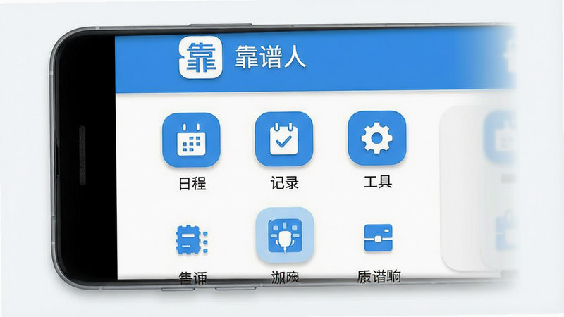 主体为一款名为“靠谱人”的安卓手机应用界面预览图,布局采用扁平化设计,主色调为清新蓝白色,顶部显示应用Logo与名称“靠谱人”,中间区域展示核心功能入口图标如日程、记录、工具等,排版整齐对称,风格现代简约,细节处包含细微阴影增强立体感,画质高清,干净,无多余元素