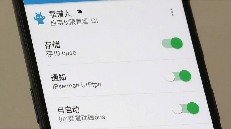 主体为安卓手机设置界面中“靠谱人”应用权限管理页面,布局为列表形式,显示存储、通知、自启动等开关状态,排版清晰易读,风格系统原生UI,细节包含绿色开启状态指示器,画质清晰,干净,无多余元素