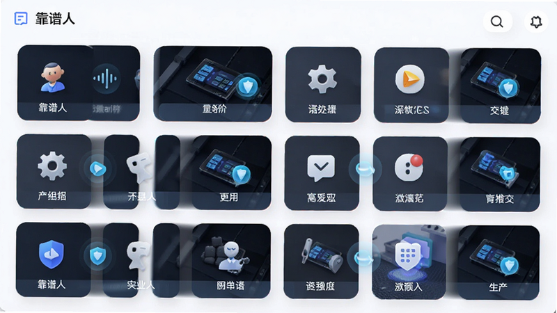 主体为“靠谱人”应用内的工具集合界面,布局为网格状排列多个功能图标,排版均匀分布,风格科技感强,细节包含每个工具的功能标签与微动效预览,画质高清,干净,无多余元素