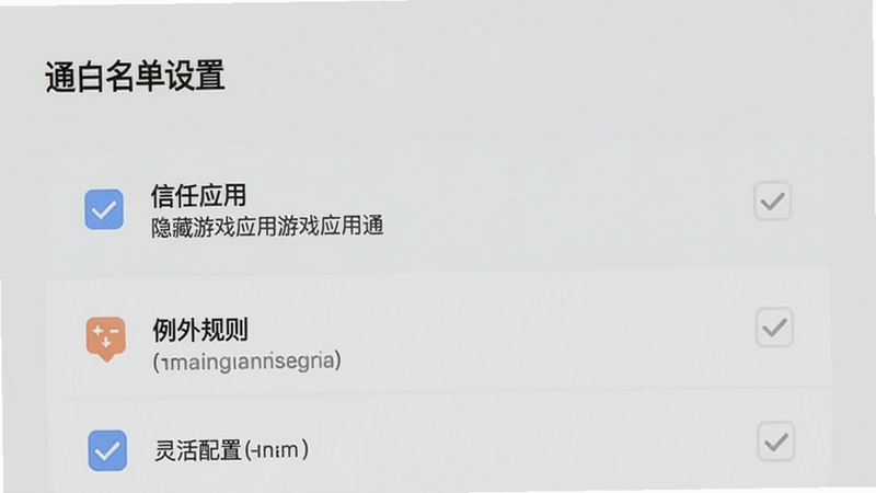 主体为白名单设置界面,布局为列表勾选样式,风格清新简约,细节展示“信任应用”、“例外规则”等选项,文字包含“隐藏游戏应用通”、“灵活配置”,画质细腻,色彩柔和,无干扰元素