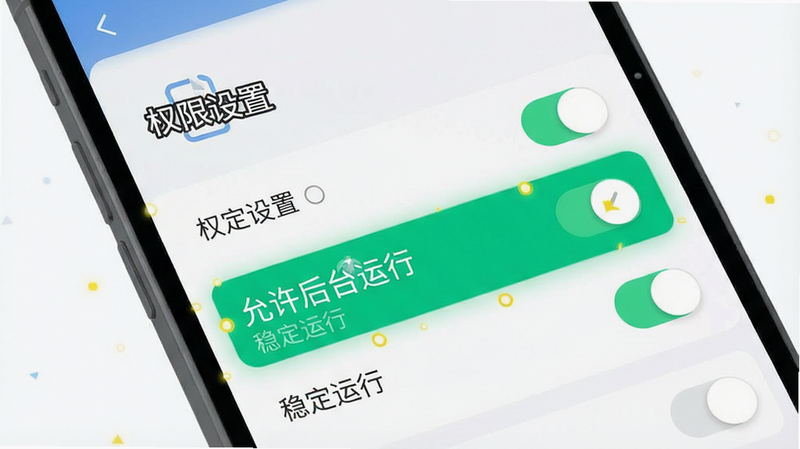 主体为手机设置界面模拟图,布局展示权限管理开关,风格扁平化设计,细节高亮“允许后台运行”选项,文字标注“权限设置”、“稳定运行”,画质清晰,界面简洁,无多余装饰