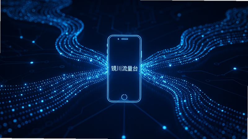 抽象化数据流可视化图,蓝色光点组成河流状,中间穿插手机轮廓,象征“镜川流量台”的数据监控功能,科技感,深蓝背景,发光效果,简洁布局,高清,无文字干扰,纯净风格