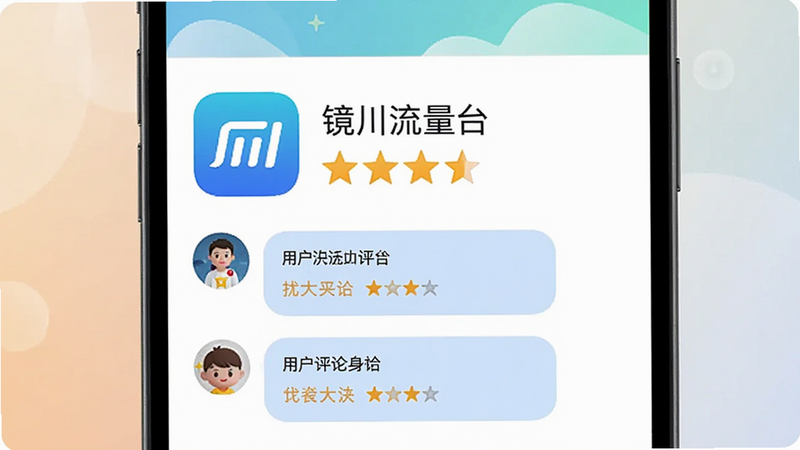 手机应用商店评分界面,显示“镜川流量台”5星好评,下方有用户评论气泡,背景柔和,正面评价风格,清晰文字,简洁设计,高清,无杂乱元素,干净