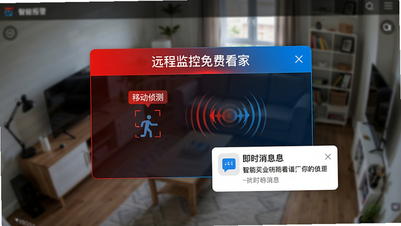 主体为“远程监控免费看家”App的智能报警界面,布局为弹窗警告样式叠加在监控背景上,风格警示红与科技蓝对比,细节展示“移动侦测”标签、震动波纹动画及即时消息通知卡片,画质清晰,无多余装饰