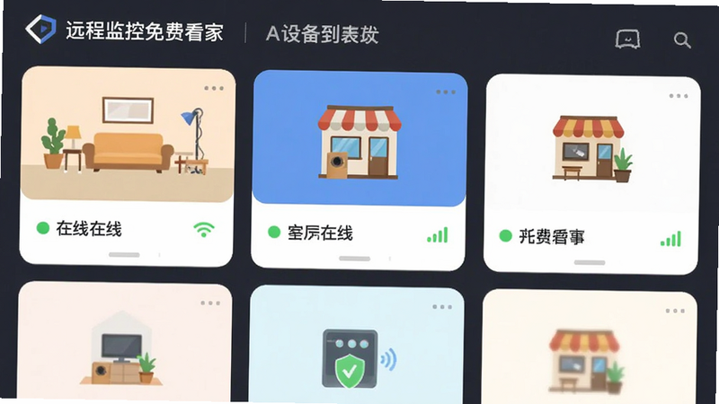主体为“远程监控免费看家”App的设备列表页面,布局为网格状卡片展示,风格扁平化设计,细节展示不同房间图标(如客厅、店铺)、在线状态绿点及信号强度,画质细腻,无冗余信息