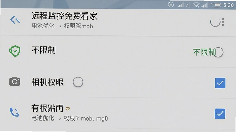 主体为安卓手机设置界面截图,显示“远程监控免费看家”的电池优化与权限管理选项,布局为列表形式,风格系统原生UI,细节展示“不限制”电池选项及已勾选的相机权限,画质清晰,无多余图标