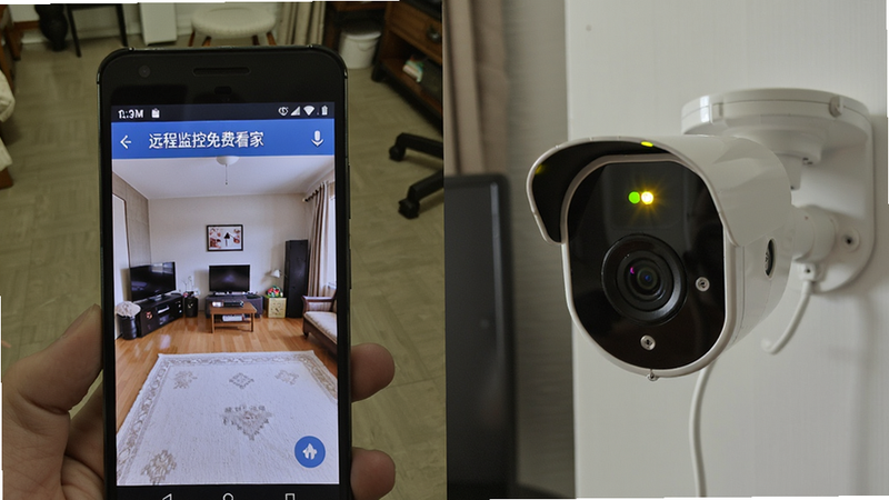 主体为对比图,左侧为闲置安卓手机运行“远程监控免费看家”App,右侧为专业IP摄像头,布局左右分屏,风格写实生活场景,细节展示手机屏幕画面与摄像头指示灯亮起,画质真实,无品牌logo