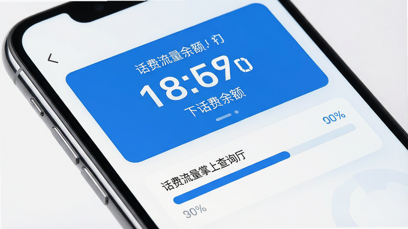 一张展示智能手机屏幕的高清特写图,屏幕中央显示着简洁的蓝色界面,顶部有大号数字显示话费余额,下方有进度条显示剩余流量,背景为干净的白色渐变,界面中包含文字“话费流量掌上查询厅”,风格现代简约,高清摄影质感,无多余装饰元素