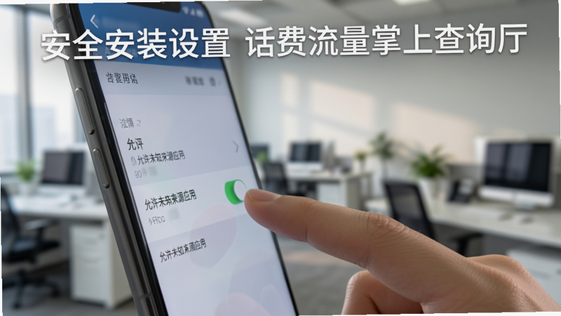 一部智能手机侧面特写,屏幕上显示着设置界面,手指正在点击“允许未知来源应用”的开关,背景为虚化的办公室环境,画面中包含文字“安全安装设置 话费流量掌上查询厅”,写实风格,光影柔和