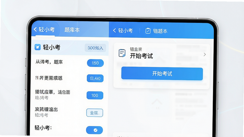 主体为“轻小考”APP的高清界面展示图,布局呈现左侧题库列表右侧答题区域的典型双栏结构,排版简洁现代,风格为扁平化科技风,细节处显示清晰的文字题干与选项按钮,画质高清,干净,无多余元素,文字内容包含“轻小考”、“开始考试”、“错题本”字样