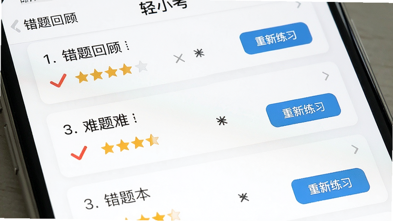 展示“轻小考”APP内“错题本”界面的特写,主体为一组带有红色对勾和叉号标记的题目卡片,布局为垂直滚动列表,排版紧凑有序,风格清新简约,细节显示题目序号、难度星级及“重新练习”按钮,画质细腻,干净,无多余元素,文字包含“错题回顾”、“轻小考”