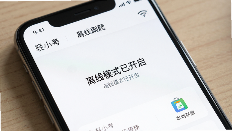 展示“轻小考”APP在飞行模式下使用的场景,主体为手机屏幕显示“离线模式已开启”的状态提示,布局为顶部状态栏与中部主要内容区,排版留白舒适,风格为沉稳商务风,细节显示WiFi图标被划去及本地存储标识,画质逼真,干净,无多余元素,文字包含“离线刷题”、“轻小考”