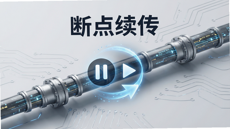 数据流传输示意图,中间有一个暂停图标变为播放图标的动态效果,背景为浅灰色科技风,文字“断点续传”清晰可见,主体为数据管道,风格现代,细节精致,画质4K,干净无干扰
