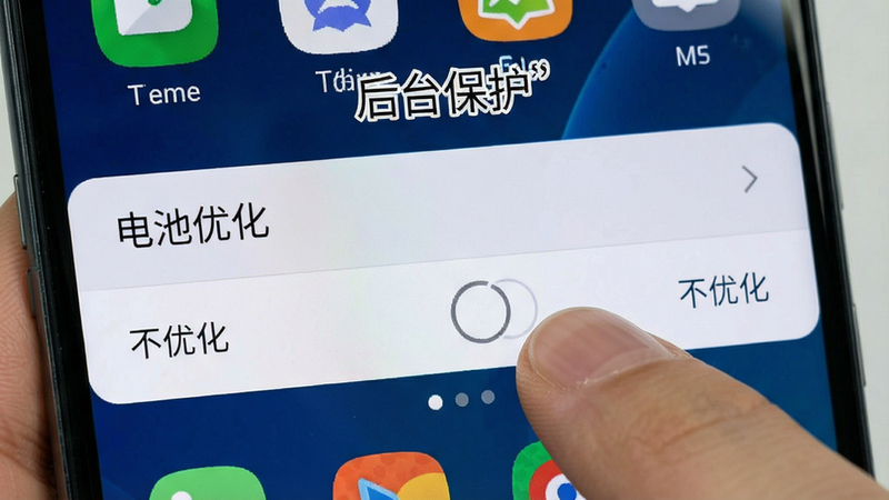 手机设置界面截图,显示“电池优化”选项,手指点击“不优化”,背景为手机桌面,文字标注“后台保护”,风格写实,细节清晰,画质高清,干净无多余图标