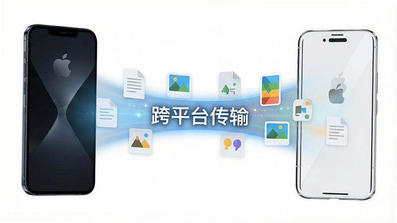 两部不同品牌的智能手机面对面放置,中间有光束连接,光束中穿梭着文档、图片图标,背景为白色极简风格,文字标注“跨平台传输”,风格扁平化,细节丰富,画质极高,无杂乱元素