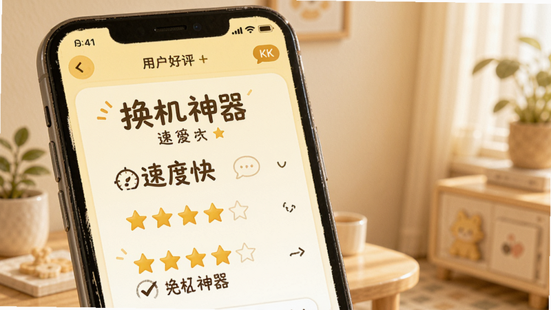用户好评界面,显示多个五星评价,文字“换机神器”、“速度快”、“无丢失”,背景为浅黄色,风格温馨,细节丰富,画质4K,干净无杂乱
