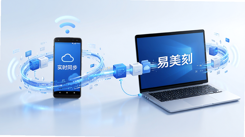 易美刻云端同步功能概念图,主体展示一部安卓手机与一台笔记本电脑通过无线信号连接,周围环绕着流动的数据光流,布局对称平衡,排版突出科技感,风格为未来主义科技风,细节展现数据包的传输动态,文字标注“实时同步”,画质超清,色彩以蓝白为主,干净无杂乱背景。