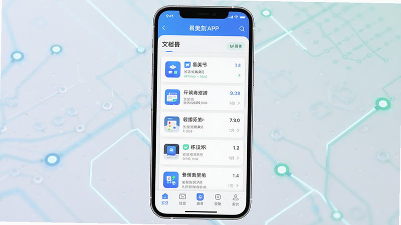 主体为易美刻APP的高清界面展示图,采用现代扁平化设计风格,布局清晰整洁,包含顶部导航栏、中间文档列表区及底部功能菜单,排版工整有序,细节处体现科技感线条,文字标签清晰可见,整体画质4K高清,色彩明快,无多余背景元素,干净利落。