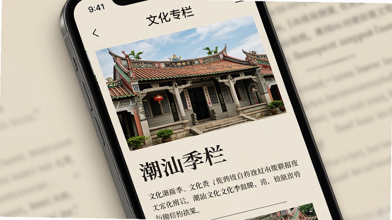 主体: 手机屏幕显示《潮汕季》APP的文化资讯页面, 布局: 图文结合, 上方为大幅潮汕建筑图片, 下方为标题和摘要, 背景: 米黄色, 排版: 杂志风格, 风格: 文艺, 传统, 细节: 字体优雅, 图片细节丰富, 画质: 高清, 干净, 无多余元素, 文字: