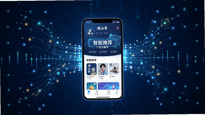 主体: 概念图, 展示数据流汇聚到手机屏幕, 手机显示《潮汕季》APP的个性化推荐界面, 布局: 中心对称, 数据线条从四周汇入手机, 背景: 深蓝色科技风, 排版: 抽象, 风格: 未来感, 数据可视化, 细节: 光点流动, 手机屏幕明亮, 画质: 4K, 干净, 无多余元素, 文字: