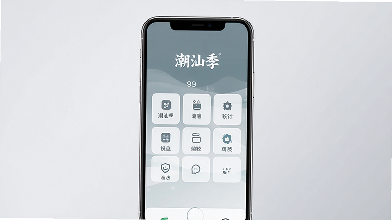 主体: 一部现代智能手机屏幕显示《潮汕季》APP启动界面, 布局: 居中构图, 背景为柔和的浅灰色渐变, 手机边框为金属质感, 屏幕内容清晰可见, 排版: 简洁, 顶部有“潮汕季”Logo, 中部为功能网格, 风格: 极简主义, 科技感, 细节: 屏幕光线柔和, 无杂乱图标, 画质: 4K高清, 干净, 无多余元素, 文字: