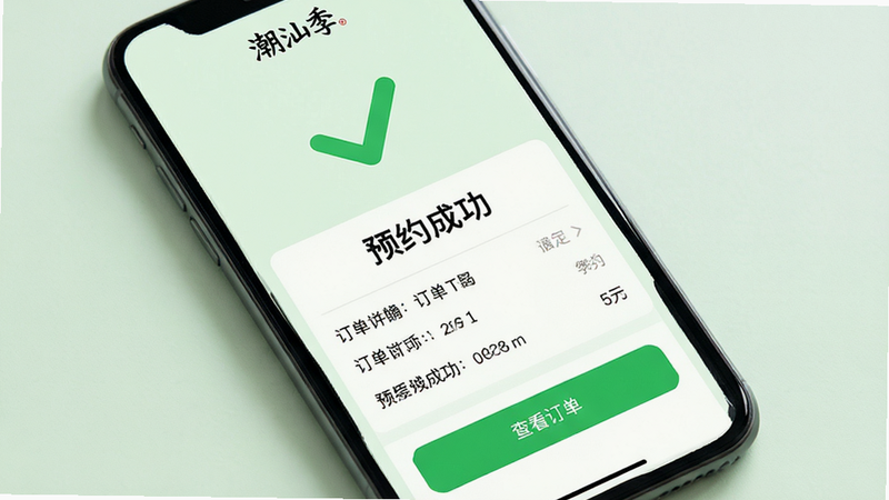 主体: 手机屏幕显示《潮汕季》APP的预约成功页面, 布局: 顶部为大对勾图标, 中部为订单详情, 底部为“查看订单”按钮, 背景: 浅绿色, 排版: 简洁, 清晰, 风格: 成功, 安心, 细节: 对勾为绿色, 文字黑色, 画质: 高清, 干净, 无多余元素, 文字: