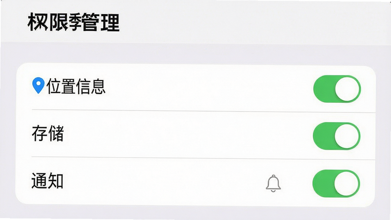 主体: 手机设置界面截图风格, 显示《潮汕季》APP的权限管理页面, 布局: 列表形式, 包含“位置信息”、“存储”、“通知”等选项, 背景: 白色, 排版: 系统原生风格, 风格: 清晰, 官方, 细节: 开关状态清晰, 文字黑色, 画质: 高清, 干净, 无多余元素, 文字: