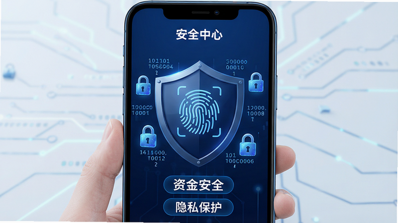 手机界面展示“安全中心”模块,背景为深蓝色盾牌图案,中间有指纹识别的图标,周围环绕着锁头和加密代码的视觉元素,文字标签显示“资金安全”、“隐私保护”,整体风格科技感强,色调冷峻专业,高清渲染,无多余文字