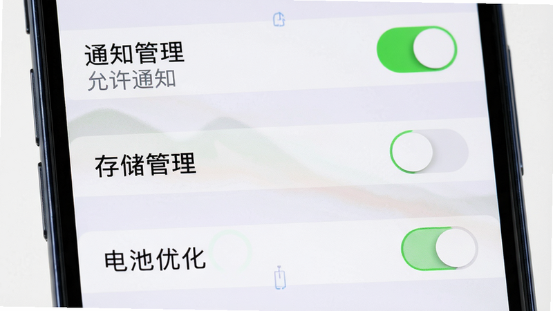手机设置界面特写,显示“通知管理”、“存储管理”和“电池优化”三个选项,每个选项前都有开关按钮,界面风格为iOS/Android混合风格,清晰展示“允许通知”已开启,背景干净,无其他干扰元素,高清细节