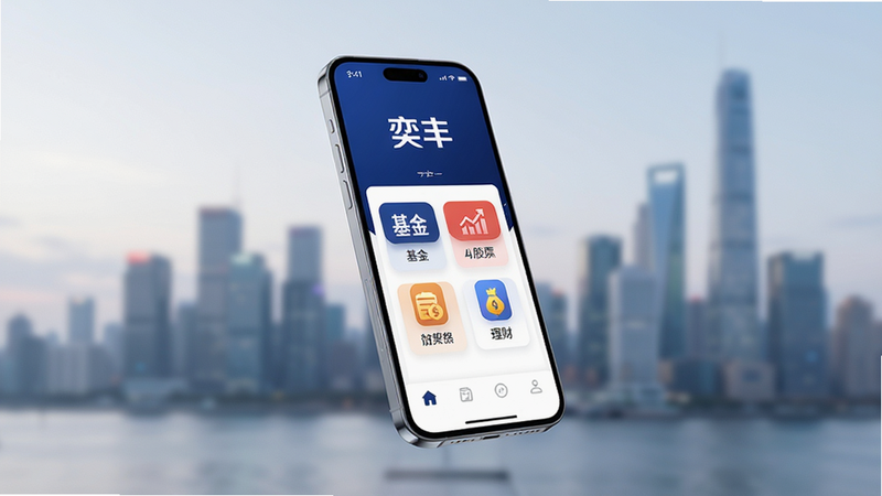 一张展示现代智能手机悬浮在空中的高清图片,手机屏幕显示着奕丰APP的主界面,界面设计简洁现代,主色调为深蓝色和白色,屏幕上有清晰的“奕丰”Logo以及几个主要的金融功能图标,如基金、股票、理财,背景是模糊的城市天际线,光线柔和,具有科技感和专业感,4k画质,干净无多余元素