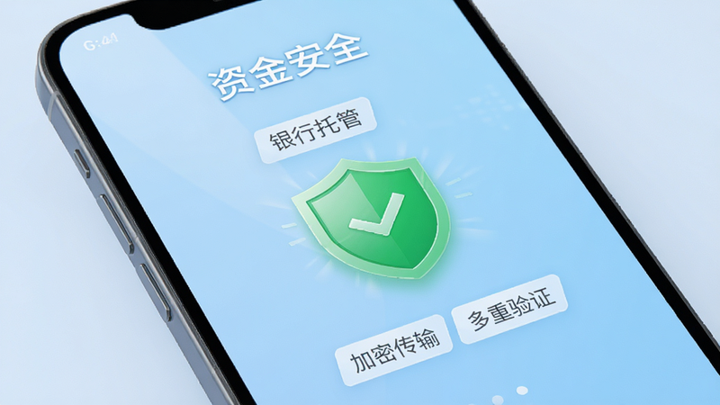 手机屏幕显示“资金安全”页面,中间是一个绿色的盾牌图标,周围有“银行托管”、“加密传输”、“多重验证”三个标签,背景为浅蓝色渐变,整体风格信任感强,高清渲染,无多余装饰