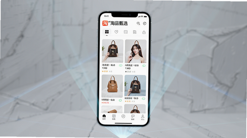主体为淘品甄选APP的手机界面全息投影,布局清晰展示首页精选商品瀑布流与底部导航栏,排版采用极简主义风格,细节包含清晰的“淘品甄选”Logo及分类图标,画质高清,干净无多余元素,文字加引号