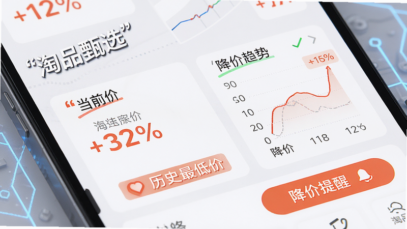 主体为淘品甄选APP的价格对比功能界面特写,布局突出展示商品卡片上的当前价、历史最低价及降价趋势图表,排版紧凑且重点数据高亮,风格现代科技感,细节包含“降价提醒”按钮及百分比标识,画质清晰,干净,无多余元素,文字加引号