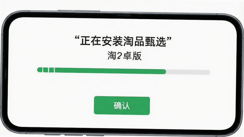 主体为手机安装进度条界面,布局显示“正在安装淘品甄选”及百分比进度,排版简洁居中,风格扁平化,细节包含绿色进度条及确认按钮,画质清晰,干净,无多余元素,文字加引号