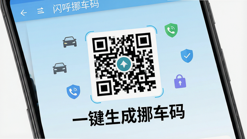 一张高清手机屏幕截图,主体为“闪呼挪车码”安卓应用界面,背景为简洁的浅蓝色渐变,中央展示一个醒目的动态二维码,二维码下方有“一键生成挪车码”的大号黑色文字,周围环绕着汽车、电话、盾牌等小图标,象征安全与便捷,整体风格扁平化,现代科技感,无多余装饰,画质清晰,4k分辨率,干净背景