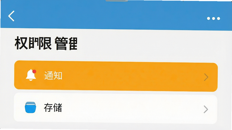 手机设置界面截图风格,显示“权限管理”页面,高亮显示“通知”和“存储”选项,背景简洁,风格扁平化,高清清晰,无杂乱元素,专业UI设计