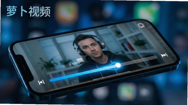 手机屏幕展示视频播放界面,进度条流畅滑动,画面清晰无卡顿,背景虚化,突出软件名称“萝卜视频”在角落的水印,风格科技感,蓝色光效,高清细节